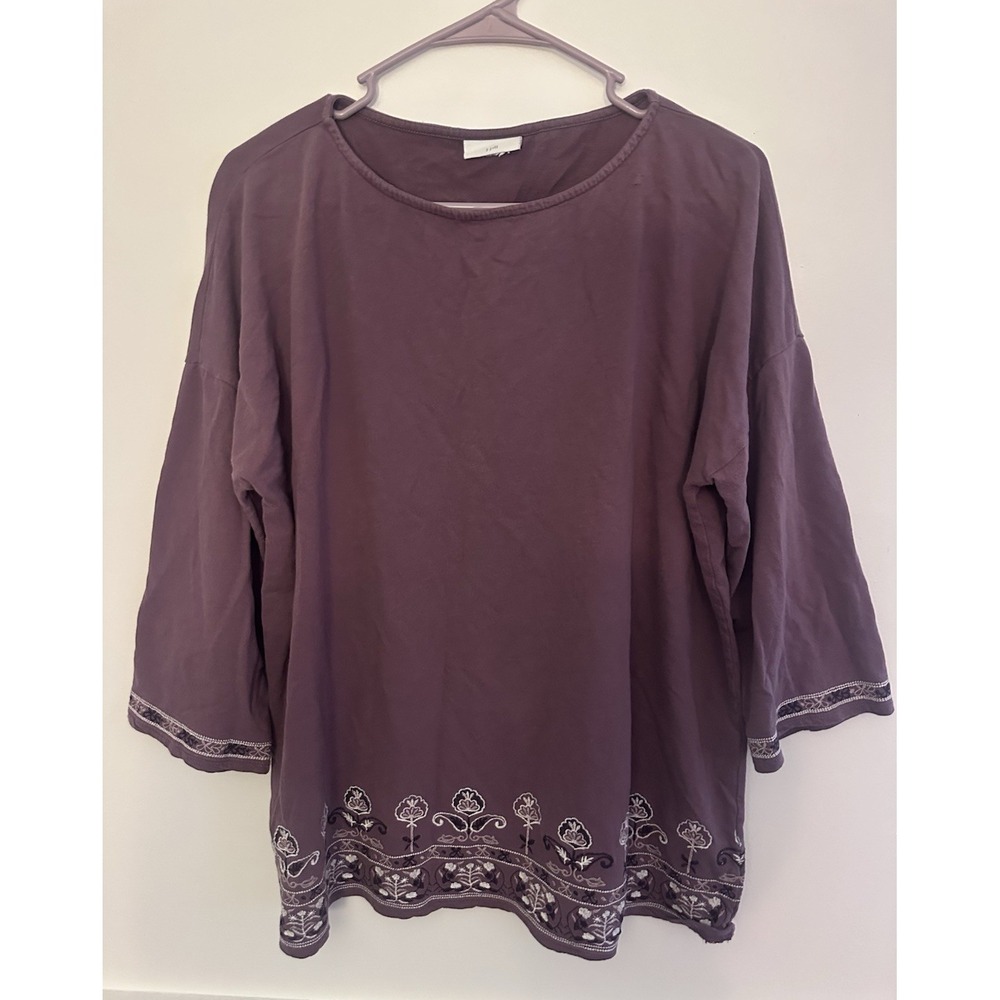 J.Jill Top Women's Large Purple Flower Embroidered Cotton Tunic 3/4 Sleeve L